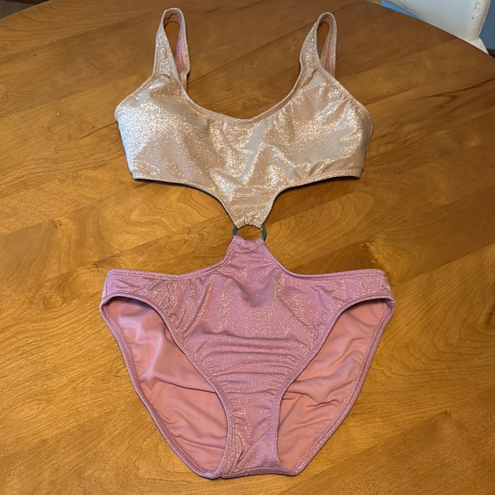 Shimmering Pink And Gold One-Piece Cutout Swimsuit